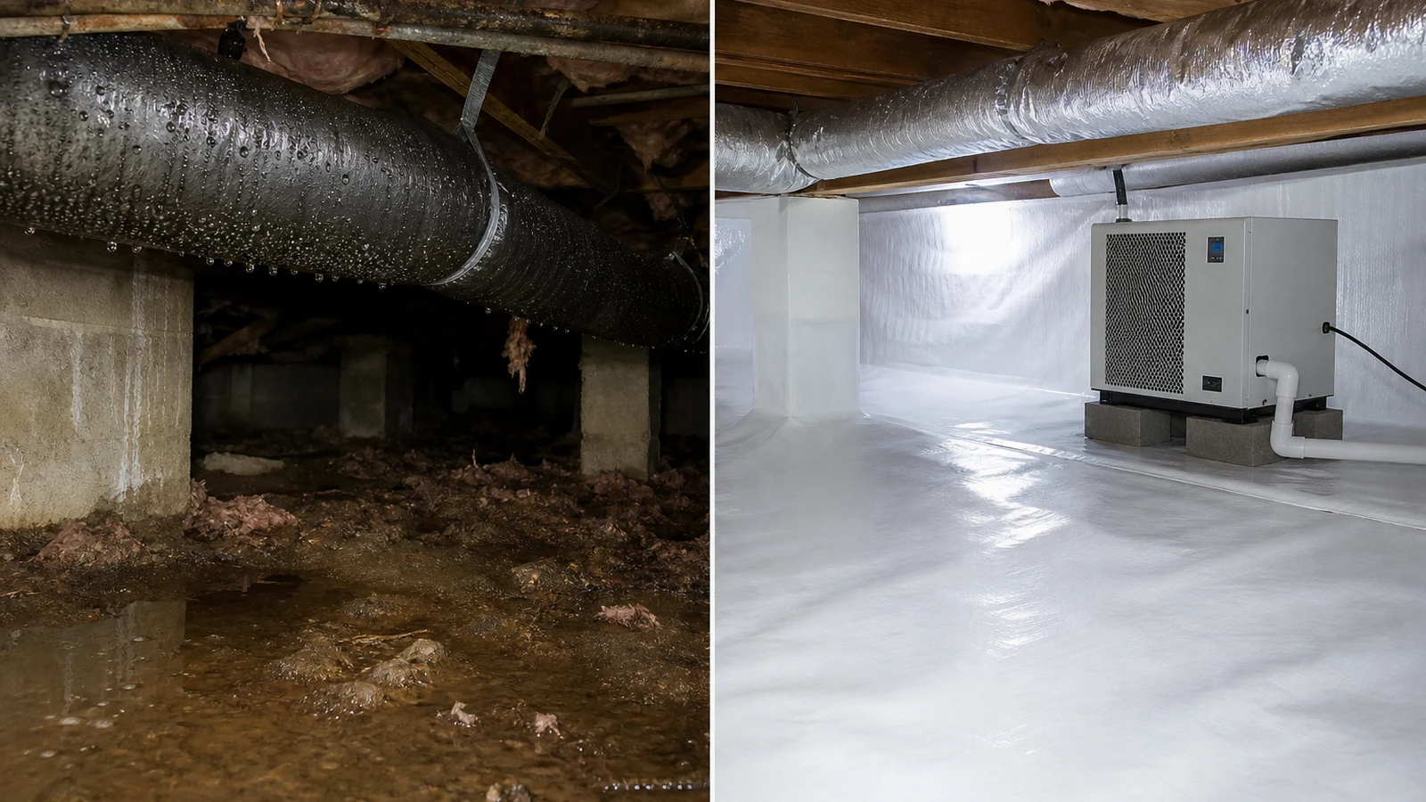 Before and after crawl space dehumidifier and humidity control comparison