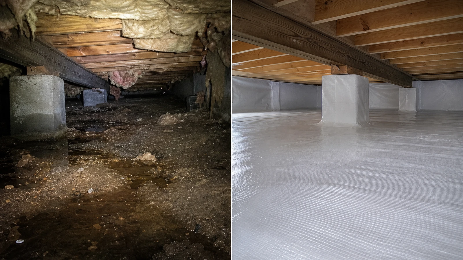 Before and after crawl space moisture control comparison