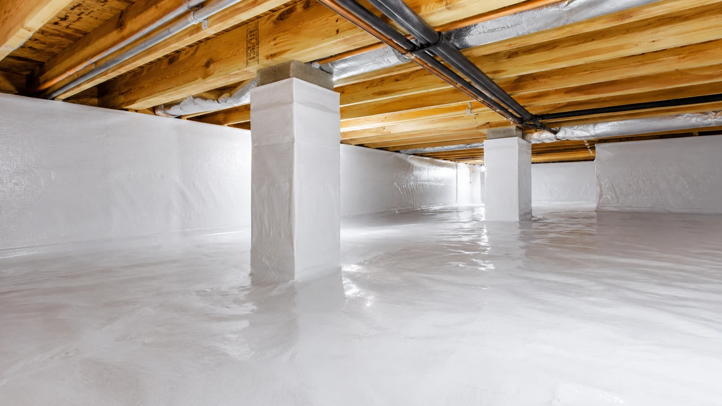 Clean crawl space encapsulation and insulation-ready repair area